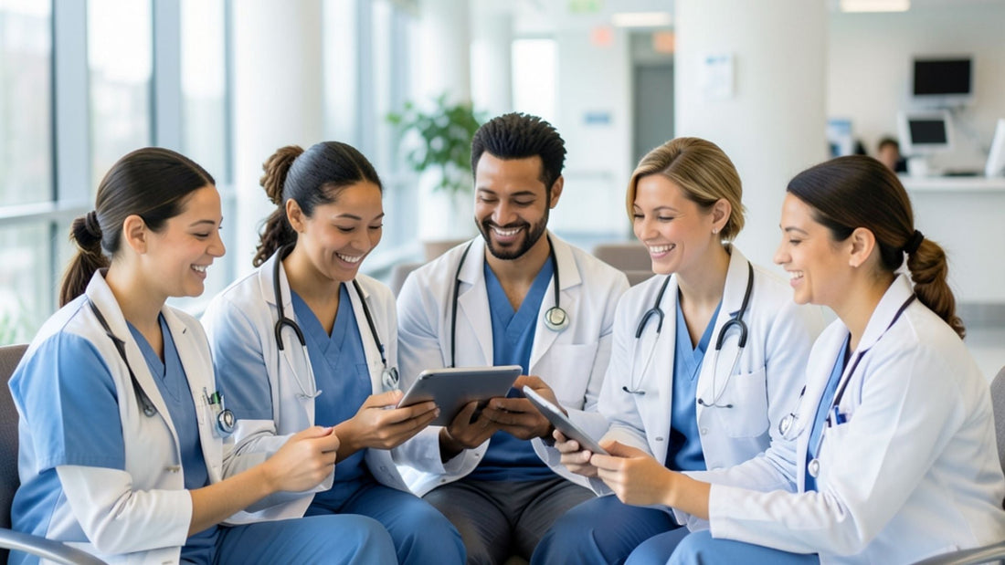 A diverse group of healthcare professionals smiling while looking at a digital tablet in a modern medical setting.